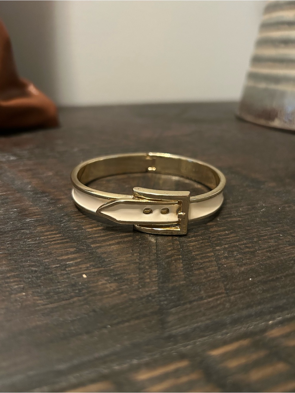 Gold Tone Belt Buckle Bangle Bracelet with Cream Enamel